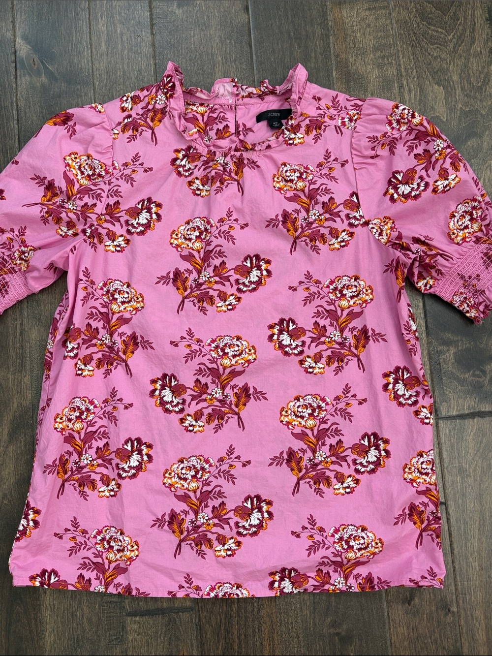 J Crew Pink Floral Ruffle Neck Short Sleeve Blouse